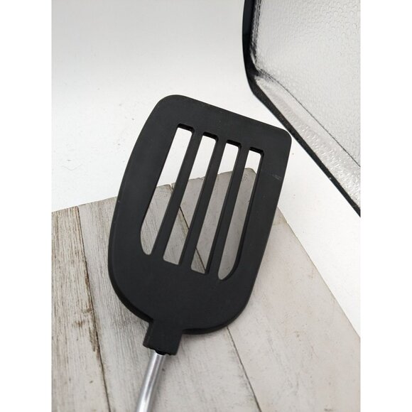Vintage Unbranded Angled Nylon Spatula Flipper Black Slotted Wood Handle 13" - Picture 2 of 7